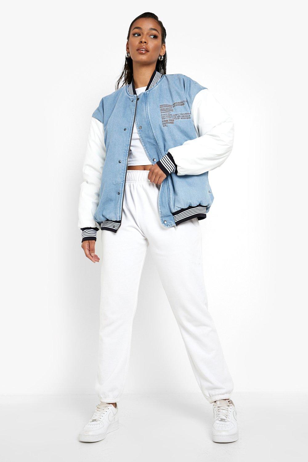 Denim varsity jacket womens hotsell